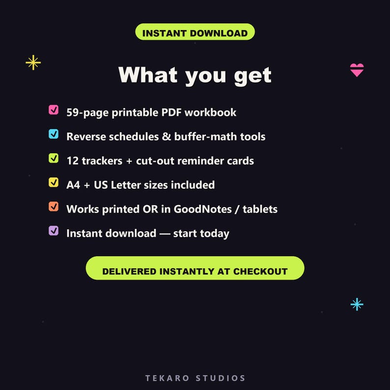 K&ouml;nnte beinhalten: Eine digitale Produktinformationsgrafik auf dunklem Hintergrund mit dem Text: What you get, 59-page printable PDF workbook, Reverse schedules & buffer-math tools, 12 trackers + cut-out reminder cards, A4 + US Letter sizes, works printed or in GoodNotes.