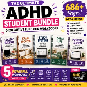 Op de afbeelding: Een digitaal ADHD-studentenpakket met meer dan 686 pagina's verdeeld over vijf spiraalgebonden werkboeken genaamd College Survival, Exam Success, Study Systems, Dorm Life en Professor Scripts, inclusief iconen voor planning en focus.
