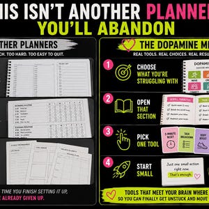 May include: A black informational graphic titled THIS ISN'T ANOTHER PLANNER YOU'LL ABANDON. The left side lists OTHER PLANNERS with red X marks, while the right side outlines THE DOPAMINE MENU with four numbered steps, colorful icons, and text.