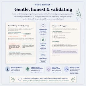 Puede incluir: Un documento informativo de color claro titulado Gentle by Design, que presenta dos p&aacute;ginas de texto sobre la teor&iacute;a de las cucharas, el seguimiento de energ&iacute;a y recursos m&eacute;dicos. El dise&ntilde;o incluye iconos, vi&ntilde;etas y encabezados explicativos.
