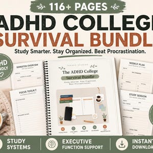 ADHD College Planner for Students, Executive Function Workbook, Study System, College Survival Printable, 116 Page PDF