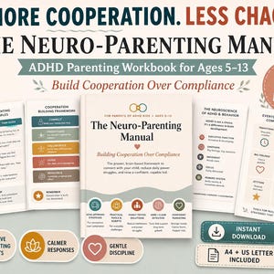 Puede incluir: The Neuro-Parenting Manual es un libro de ejercicios de 25 páginas sobre TDAH para niños de 5 a 13 años. Incluye un manual, marco de cooperación, ejemplos de guiones y un kit de herramientas. Disponible para descarga instantánea en formatos A4 y US letter.