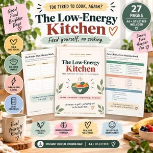 Peut inclure: Un guide numérique intitulé The Low-Energy Kitchen comprenant 27 pages aux formats A4 et US Letter. La couverture présente une illustration de bol avec le texte Feed yourself without the overwhelm. Inclut des sections sur les repas sans cuisson.