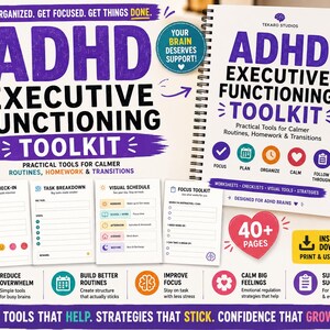 ADHD Executive Functioning Toolkit for Kids | Parent , Educator Printable | Visual Routines, Homework Focus and Emotion Tools