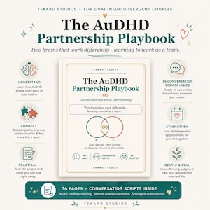 Könnte beinhalten: Das AuDHD Partnership Playbook von Tekaro Studios ist ein Leitfaden für neurodivergente Paare. Das Cover zeigt den Titel, ein Venn-Diagramm mit Unendlichkeitssymbol sowie Angaben zu 36 Gesprächsskripten, 44+ Seiten und A4- sowie US-Letter-Formaten.