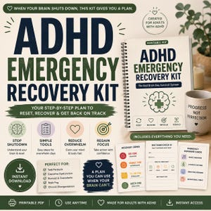 Peut inclure: Un kit de récupération d'urgence TDAH en PDF imprimable comprenant un manuel à spirales intitulé The Bad Brain Day Survival System, des cartes de zones de récupération, une fiche de suivi et des cartes dopamine avec texte et icônes.