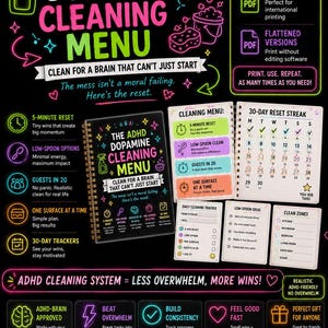 May include: A digital ADHD dopamine cleaning menu planner with neon-colored text and icons on a black background. It includes a 30-day reset streak tracker, daily cleaning checklists, and low-spoon cleaning ideas, presented as a printable PDF system.