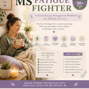 May include: A digital workbook titled MS Fatigue Fighter by Tekaro Studios, featuring a gentle energy management guide for multiple sclerosis. The cover includes sections on energy conservation, daily planning, and recovery strategies with over 30 pages.