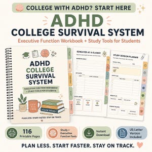 ADHD College Planner for Students, Executive Function Workbook, Study System, College Survival Printable, 116 Page PDF