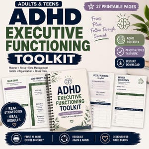 Peut inclure: Un kit d'outils numériques pour les fonctions exécutives TDAH comprenant 27 pages imprimables. L'ensemble inclut un planificateur à spirales avec des sections pour le vidage cérébral, les priorités, la planification hebdomadaire et les projets.