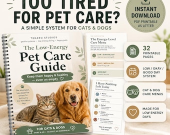 Puede incluir: Una guía de cuidado de mascotas con encuadernación en espiral titulada The Low-Energy Pet Care Guide que muestra un perro marrón y un gato atigrado en la portada. La guía incluye 32 páginas imprimibles con un menú de cuidado por nivel de energía.