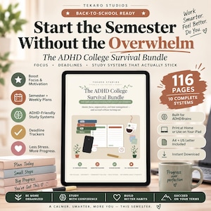 Studienplaner für ADHS-Betroffene | Übungsbuch & Lernsystem für exekutive Funktionen | Überlebenspaket fürs Studium | 116 Seiten zum Ausdrucken | Digitaler Download für Studierende