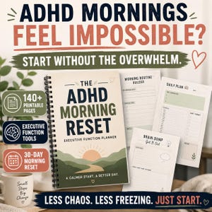 May include: A spiral-bound planner titled The ADHD Morning Reset with a landscape cover illustration of a sun over hills. The set includes internal pages for a morning routine builder, daily plan, and brain dump, alongside a mug with text.