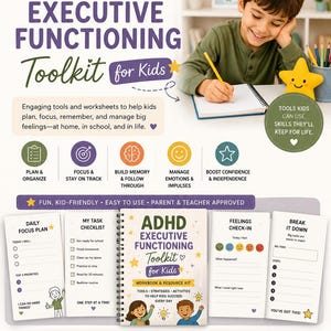 May include: An ADHD executive functioning toolkit for kids featuring a spiral-bound workbook, daily focus plans, task checklists, feelings check-ins, and break-it-down worksheets. The kit includes over 60 tools, activities, and bonus resources for home and school use.