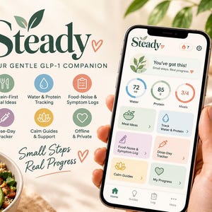 Może przedstawiać: Smartfon wyświetlający interfejs aplikacji Steady z pulpitem nawigacyjnym do śledzenia wody, białka i posiłków. Ekran zawiera ikony pomysłów na posiłki, dzienników objawów oraz narzędzi do śledzenia dnia dawkowania leku.
