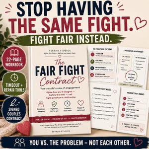 Puede incluir: Un libro de ejercicios de 22 páginas titulado The Fair Fight Contract de Tekaro Studios, con reglas de compromiso para parejas. El conjunto incluye páginas impresas que detallan cuatro patrones tóxicos y herramientas para la resolución.