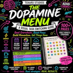 Caderno de Exercícios do Menu de Dopamina para TDAH | Planejador de Funções Executivas para TDAH | Sistema de Produtividade | PDF para Impressão | GoodNotes | Download Digital