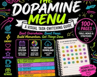 ADHD Dopamine Menu Workbook | 106-Page Executive Function Planner for Task Paralysis, Focus & Motivation | Printable ADHD Adult PDF