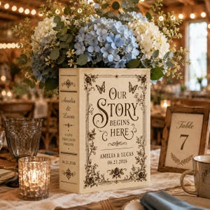 Könnte beinhalten: Eine rechteckige, cremefarbene dekorative Buchbox mit schwarzen Blumenrändern, Schmetterlingen und dem Text Our Story Begins Here, Amelia & Lucas sowie 06.21.2026. Der Buchrücken zeigt die Namen Amelia & Lucas und das Datum 06.21.2026.