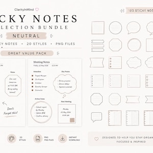 May include: A digital collection of neutral-toned sticky notes. The bundle includes 100 sticky notes in 20 styles, available as PNG files. The design features various shapes and layouts for to-do lists, meeting notes, and general organization.
