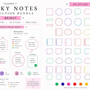 May include: Digital sticky notes collection bundle with 141 notes and 20 styles. Includes PNG files. The design features a bright color palette and various shapes for to-do lists and meeting notes. The text says "Clarity in Mind" and "Bright".