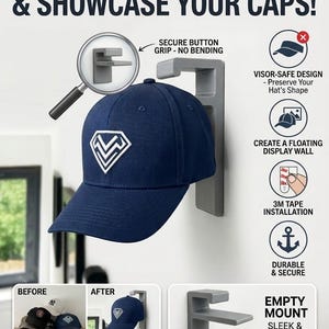 May include: A navy blue baseball cap with a white diamond-shaped logo displayed on a gray wall-mounted hook. The graphic includes text: TRANSFORM YOUR SPACE & SHOWCASE YOUR CAPS!, SECURE BUTTON GRIP - NO BENDING, VISOR-SAFE DESIGN, 3M TAPE INSTALLATION, DURABLE & SECURE, EMPTY MOUNT, and READY TO LEVEL UP YOUR STORAGE?