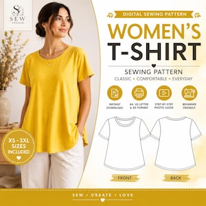 May include: A digital sewing pattern for a t-shirt, featuring a mustard yellow short-sleeved shirt, technical line drawings of the front and back views, and text including "DIGITAL SEWING PATTERN," "WOMEN'S T-SHIRT," and "XS - 3XL SIZES INCLUDED."