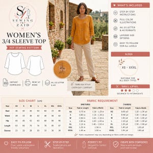 May include: A PDF sewing pattern for a 3/4 sleeve top by Sewing by Zaid. The document includes step-by-step instructions, full color illustrations, A4, US letter, and A0 formats, layered size options, and a size chart ranging from XS to XXXL.