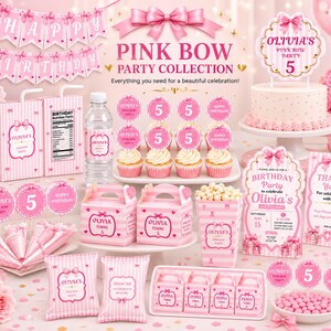 Peut inclure: Un ensemble de décoration de fête à nœuds roses comprenant une bannière Happy Birthday, un décor de gâteau avec le chiffre 5, des décorations de cupcakes, des boîtes de jus, des étiquettes de bouteilles, des boîtes cadeaux et des invitations.