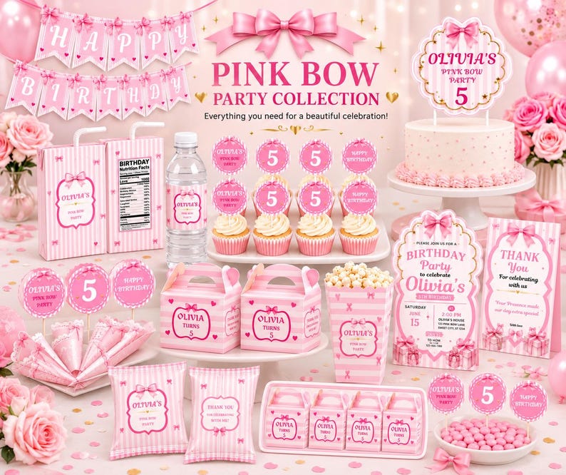Pink Bow Girl Birthday Party Bundle,11 Editable Canva Templates ...