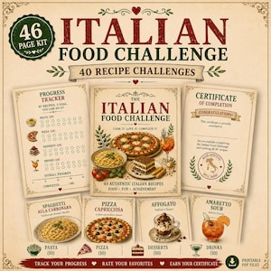 Puede incluir: Un kit de 46 páginas Italian Food Challenge con 40 desafíos de recetas. Incluye un rastreador de progreso, un certificado de finalización y tarjetas de recetas individuales para platos como espaguetis carbonara, pizza capricciosa, affogato y amaretto sour.