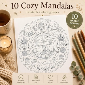 Könnte beinhalten: Eine druckbare Ausmalseite mit dem Titel 10 Cozy Mandalas, die eine kreisförmige Strichzeichnung eines Fensters, von Büchern, Kerzen, einer Teekanne und Garn zeigt. Die Seite enthält Textbeschriftungen für Sofort-Download, PDF und Entspannung.
