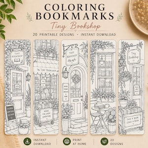 Könnte beinhalten: Fünf vertikale schwarz-weiße Ausmal-Lesezeichen mit detaillierten Strichzeichnungen einer kleinen Buchhandlung. Der Text lautet Coloring Bookmarks, Tiny Bookshop, 20 Printable Designs, Instant Download und Take a Book Leave a Book.