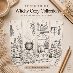 May include: Four rectangular paper bookmarks featuring black and white line art illustrations of witchy themes including cauldrons, potion bottles, books, candles, and herbs. The text reads Detailed Designs Witchy Cozy Collection 20 Unique Bookmarks to Color Printable PDF Bundle Instant Download.