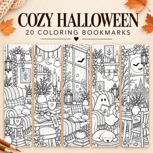 May include: A set of 20 black and white coloring bookmarks titled COZY HALLOWEEN. Each bookmark features detailed line art illustrations of indoor scenes with ghosts, cats, pumpkins, books, candles, and windows with autumn landscapes.