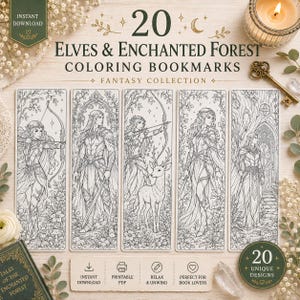 Peut inclure: Un ensemble de 20 marque-pages à colorier imprimables présentant des dessins au trait noir et blanc d'elfes dans une forêt enchantée. Les motifs incluent des personnages avec des arcs, des épées et un cerf, avec le texte 20 Elves & Enchanted Forest.