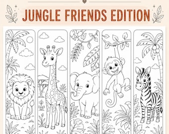 Jungle Safari Kleurplaten voor Boekenleggers voor Kinderen, 20 Printbare Boekenleggers met Safari Dieren, Kleurplaten Leeuw, Aap en Olifant (PDF), Kinderactiviteit