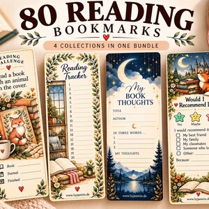Könnte beinhalten: Ein Set aus vier rechteckigen Lesezeichen aus Papier mit Illustrationen von Füchsen, Büchern, Wäldern und Nachthimmeln. Der Text umfasst 80 READING BOOKMARKS, Reading Challenge, Reading Tracker, My Book Thoughts und Would I Recommend It, sowie verschiedene Zeilen und Kästchen zum Ausfüllen für den Lesefortschritt.