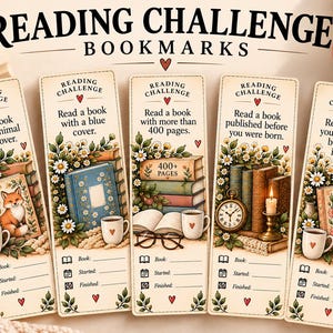 Könnte beinhalten: Fünf rechteckige Lesezeichen aus Papier mit der Aufschrift Reading Challenge, verziert mit Blumenillustrationen, einer Kaffeetasse und Leseherausforderungen. Jedes enthält Zeilen für Book, Started und Finished. Ein Abzeichen zeigt 20 designs included.