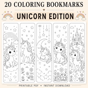 Unicorn Coloring Bookmarks Bundle | 20 Printable Unicorn Bookmarks to Color | Magical Fantasy Activity for Kids | Download