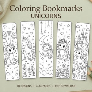 Könnte beinhalten: Fünf vertikale Lesezeichen aus Papier mit schwarz-weißen Strichzeichnungen von Einhörnern, Regenbögen, Sternen, Herzen und einem Schloss. Der Text lautet Coloring Bookmarks UNICORNS, 20 DESIGNS, 4 A4 PAGES, PDF DOWNLOAD. Buntstifte sind sichtbar.