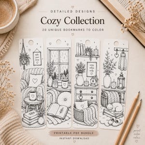Pode incluir: Quatro marcadores de página verticais com ilustrações de linhas em preto e branco de cenas internas aconchegantes, incluindo poltronas, janelas com chuva, estantes e um gato dormindo, com o texto Detailed Designs Cozy Collection.