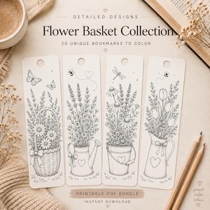 Könnte beinhalten: Vier rechteckige Lesezeichen aus Papier mit schwarz-weißen Strichzeichnungen von Blumen in Körben, Gießkannen und Krügen. Der Text lautet Detailed Designs Flower Basket Collection 20 Unique Bookmarks to Color Printable PDF Bundle.