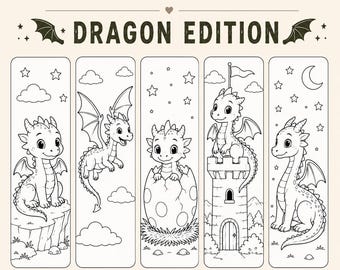 May include: A set of 20 coloring bookmarks titled 20 COLORING BOOKMARKS DRAGON EDITION. The image displays five vertical rectangular bookmarks featuring black and white line art of cartoon dragons in various settings, including eggs and towers.