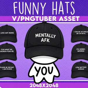 Puede incluir: Una colección de siete gorras de béisbol negras con texto en blanco. La gorra central dice MENTALLY AFK. Otras gorras muestran frases como I LOVE HOT MOMS, FISH WANT ME, WOMEN FEAR ME, PLEASE BE PATIENT I AM STUPID, I CAN BE UR ANGLE OR UR DEVIL, I'M SORRY, WOMEN y LOW BATTERY HUMAN. Una figura de personaje blanco se encuentra debajo de la gorra central.