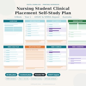 Op de afbeelding: Een digitaal printbaar werkboek getiteld Nursing Student Clinical Placement Self-Study Plan voor jaar 2, 4 weken duur, ANSAT en NMBA uitgelijnd. Bevat secties voor dagelijkse plannen, check-ins, weekendstudie en reflectievragen.