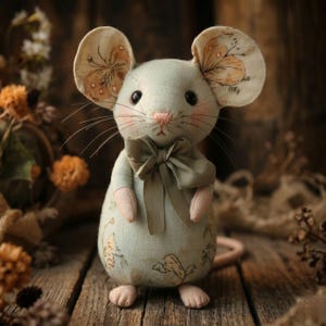 May include: A handmade plush mouse with large, patterned ears and a bow tie. The mouse is light blue with pink accents on its paws and nose. The ears feature a butterfly design. The mouse is standing on a wooden surface.