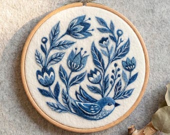 Delftblå folkkonst Fågel & Blommor Nålfiltning Ullmålningssats Nybörjare Vintage Blå Vit Gör-det-själv-pyssel Väggkonst Eller Inflyttningspresent