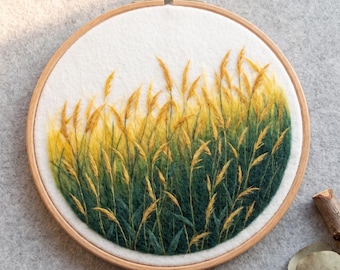 Nålfiltningskit för målning av gyllene vildgräsäng i ull, nybörjare, minimalistisk botanisk DIY-pyssel, Wabi Sabi höstväggkonst