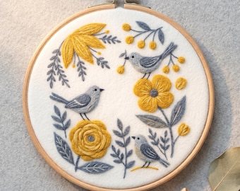 Nålfiltningskit för målning i ull med grågula fåglar och blommor, nybörjarvänligt skandinaviskt DIY-pyssel, minimalistisk väggkonst och inflyttningspresent